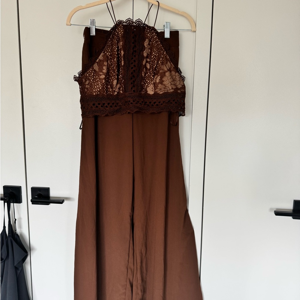 Brown Lace Halter Two piece Wide Leg Set